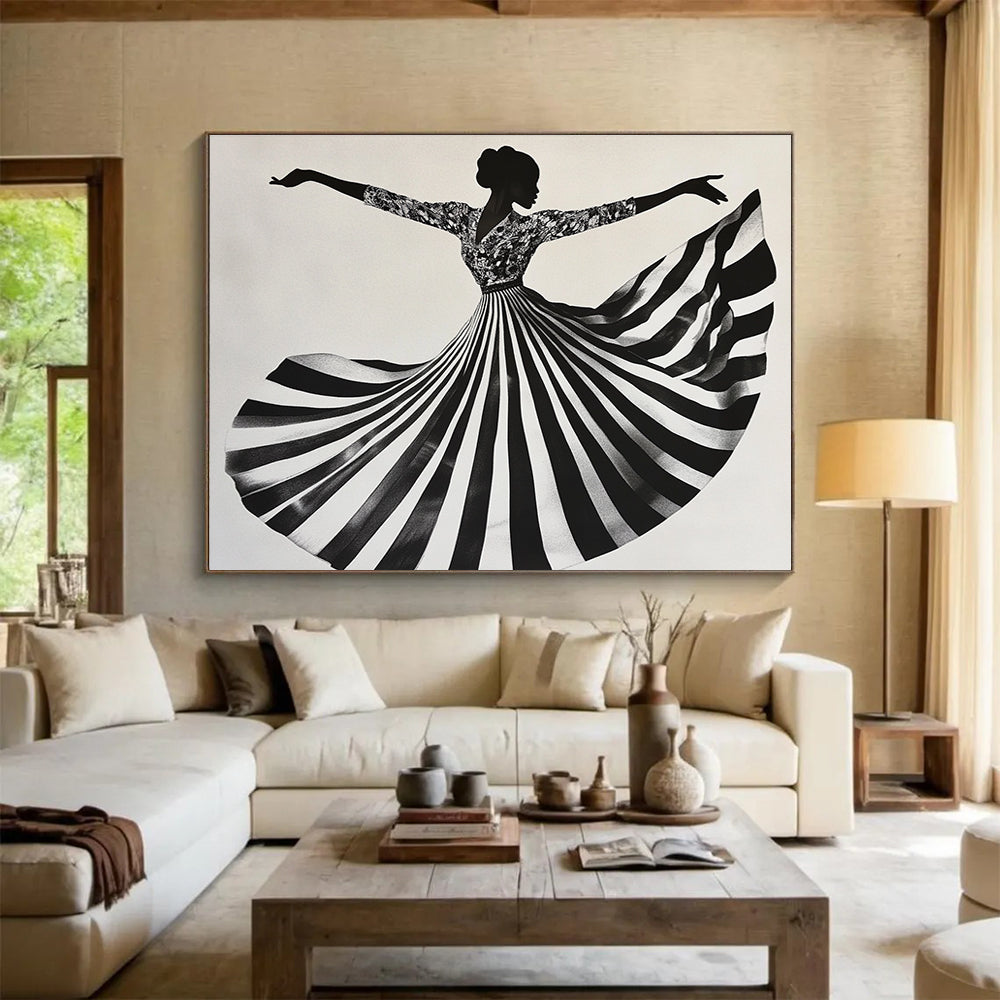 Black White Floral - Patterned Dress Dancing Silhouette Abstract Painting DYP020