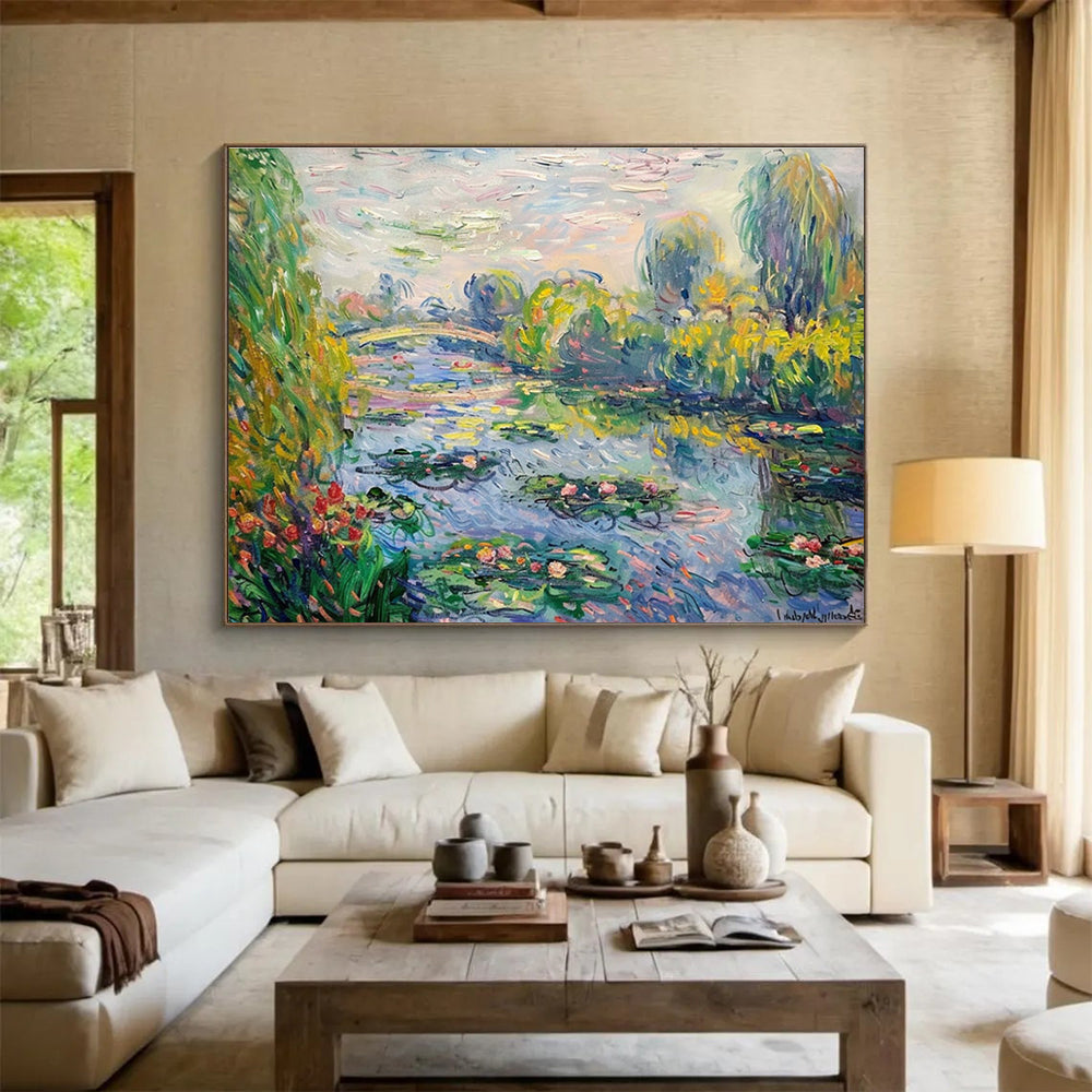 Water Lily Garden Abstract Painting with Green, Blue, and Pink Tones THY197