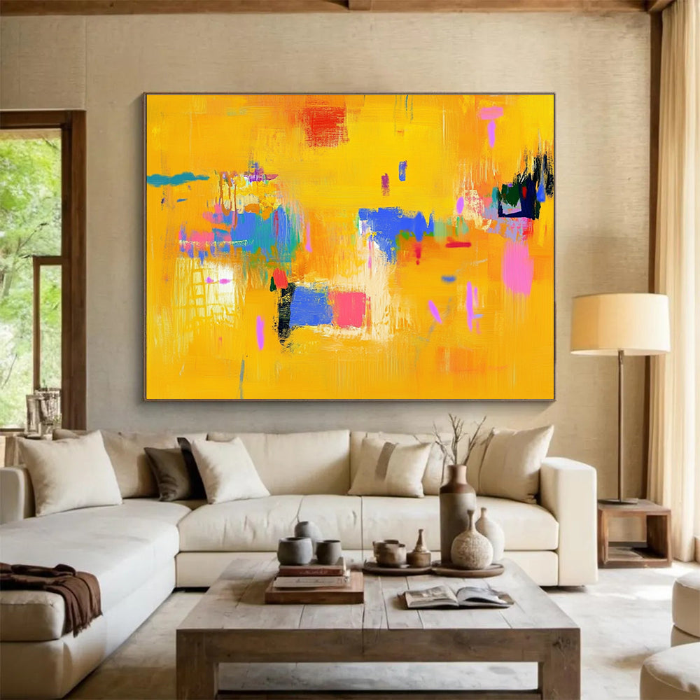 Bright Yellow Abstract Painting with Colorful Accents DYP306