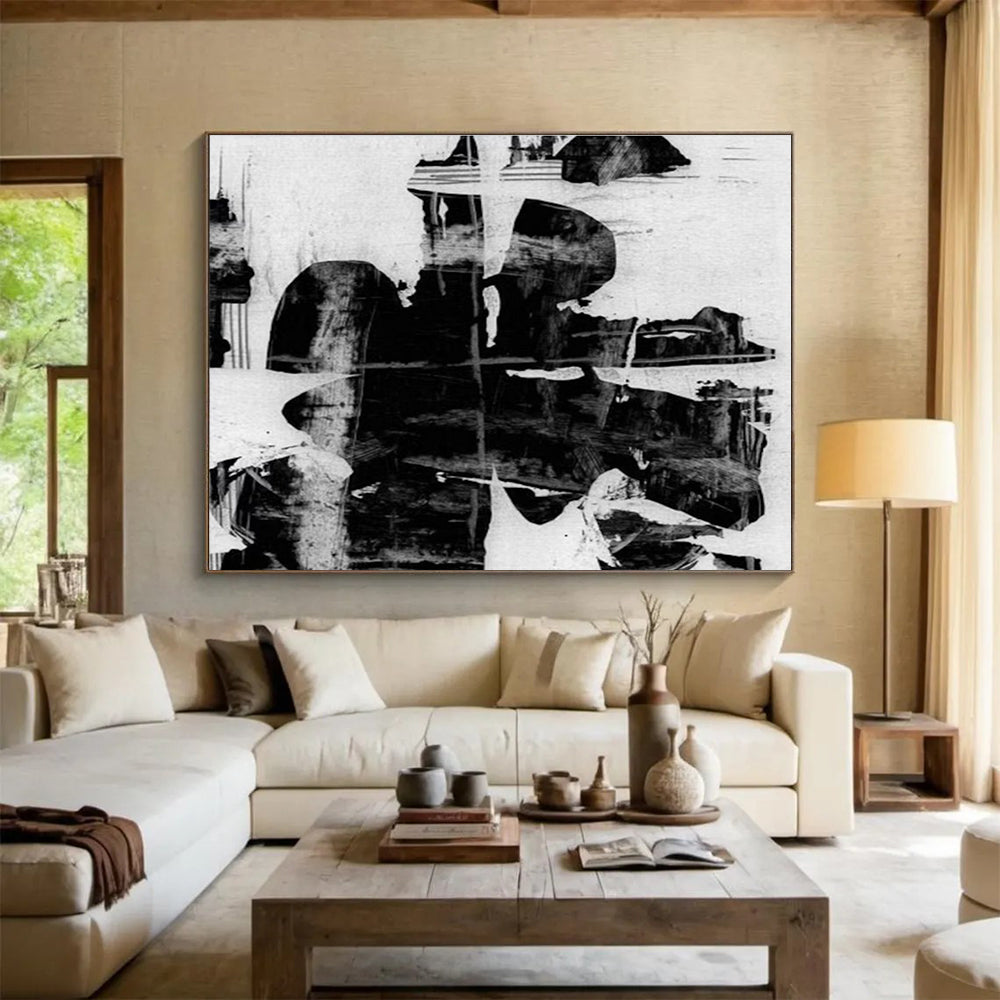 Monochrome Abstract Painting with Black and White Contrasts THY134