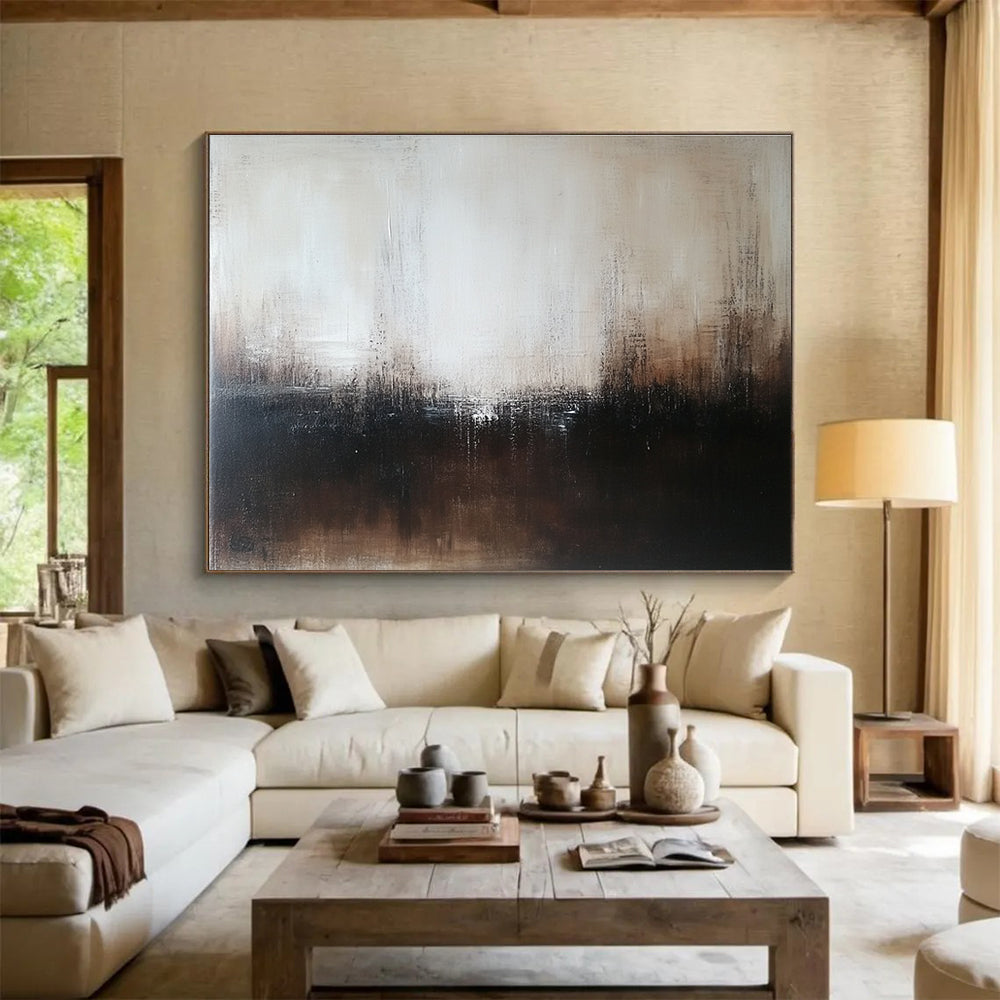 Large abstract painting in dark brown and white with neutral tones on wood panel features blurred edges and intricate details in minimalist style.SC057