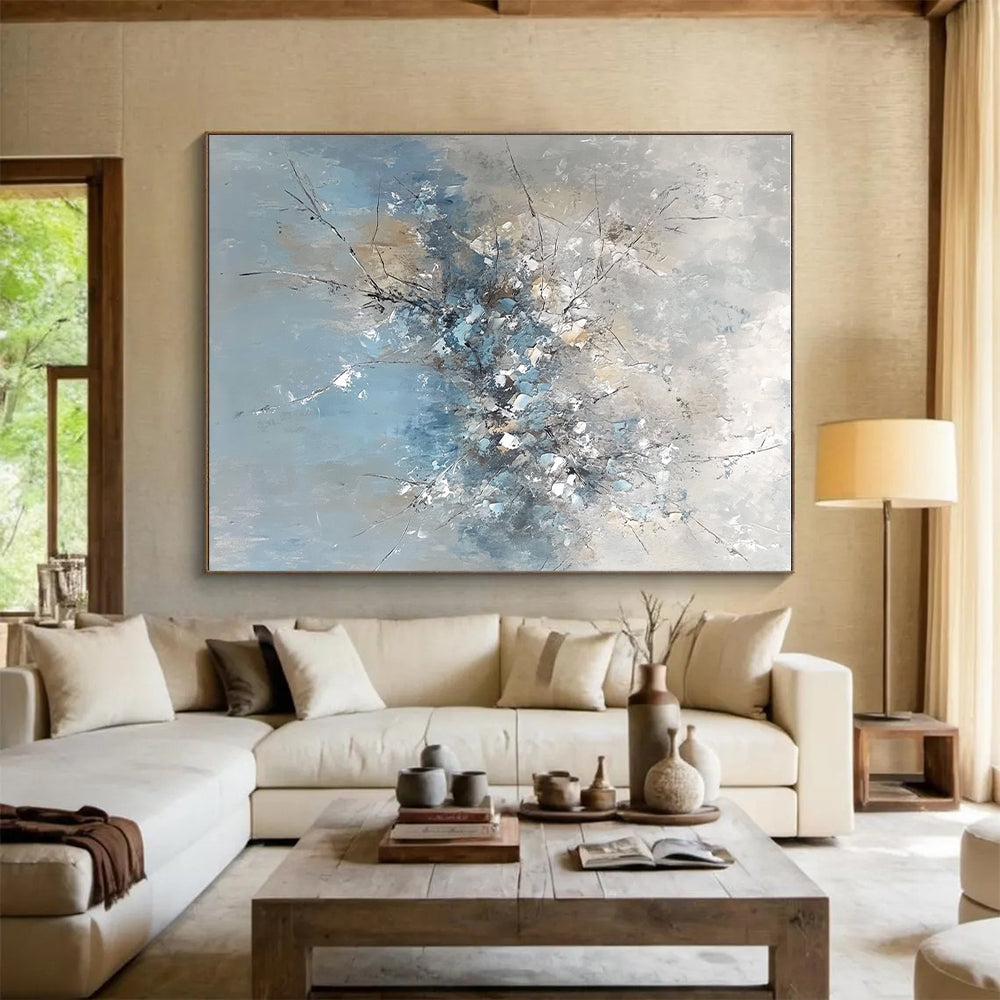 Blue and Gray Abstract Floral Painting with Textured Blooms GER653