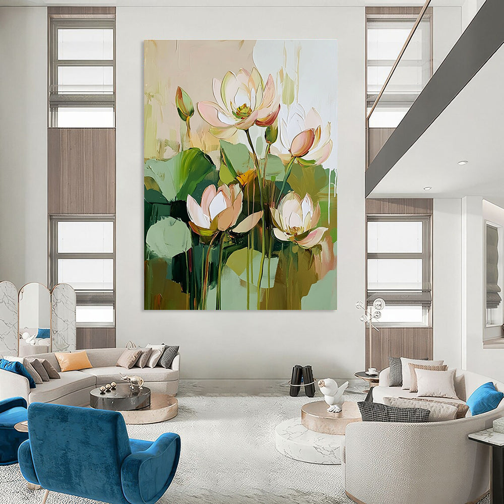 Large abstract painting featuring green plants and lotus flowers in a beige pink and white color palette with detailed brush strokes in a cottagecore style.STSC188
