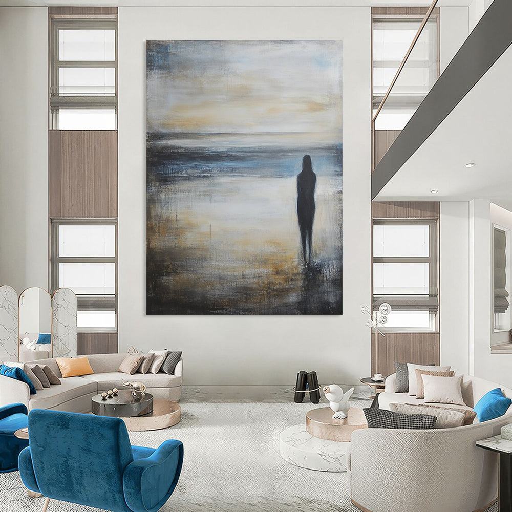 Large abstract oil painting of an empty beach at sunrise featuring calm sea and sky in grey blue and beige shades.STSC586