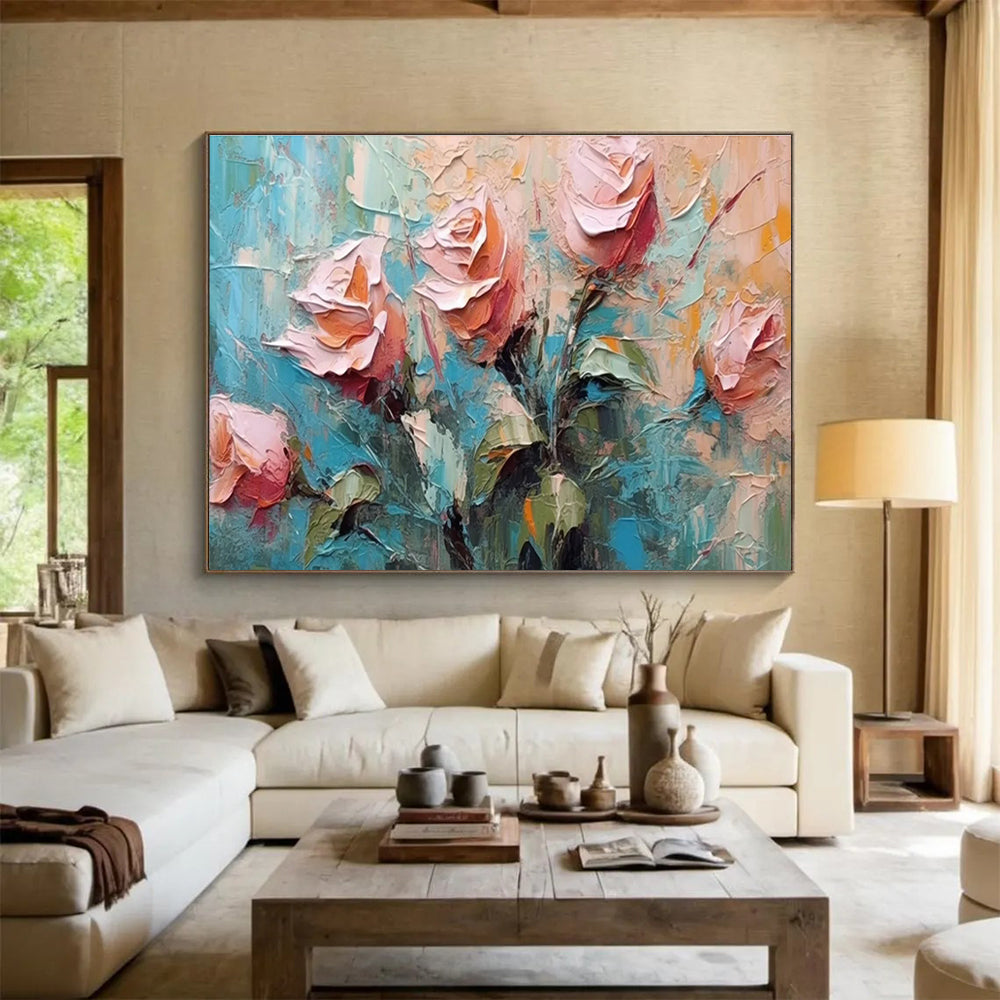 Textured Rose Bouquet Abstract Painting with Soft and Bold Strokes THY293