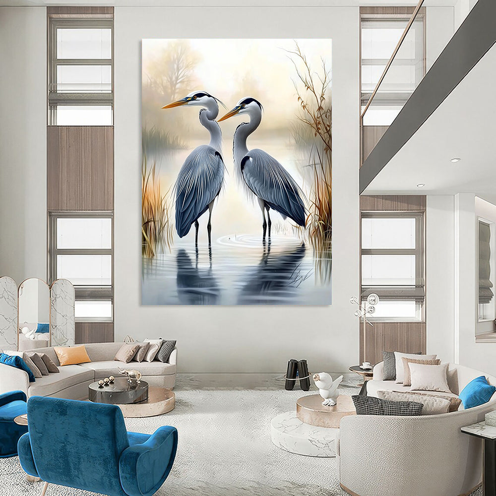 A large abstract painting featuring two herons in water with a misty swamp background in the style of Larry Elmore.STSC1450