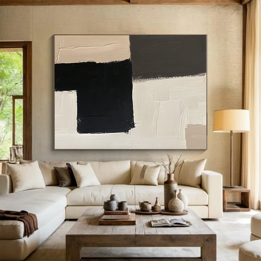 Black White and Beige Abstract Painting with Geometric Forms GER502