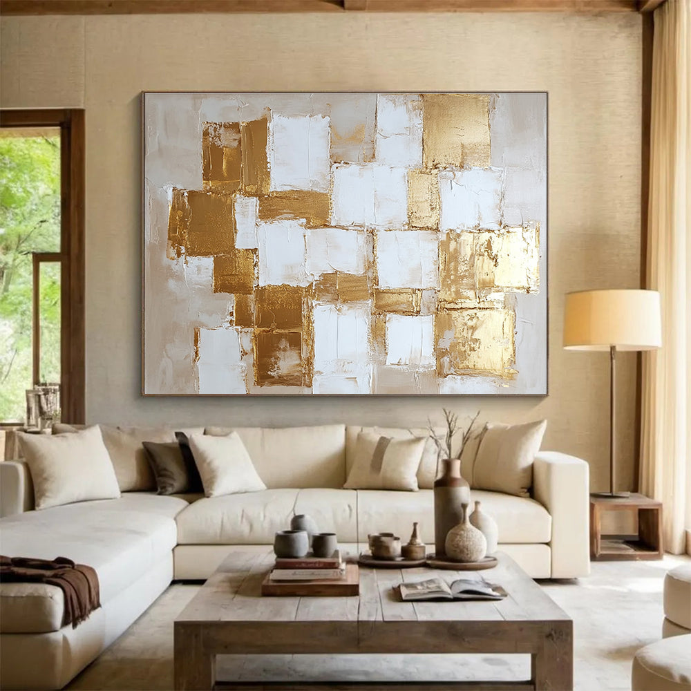 Gold and White Geometric Abstract Painting with Textured Squares DYP451