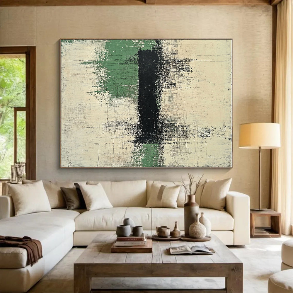 Black and Green Abstract Painting with Textured Layers GER561