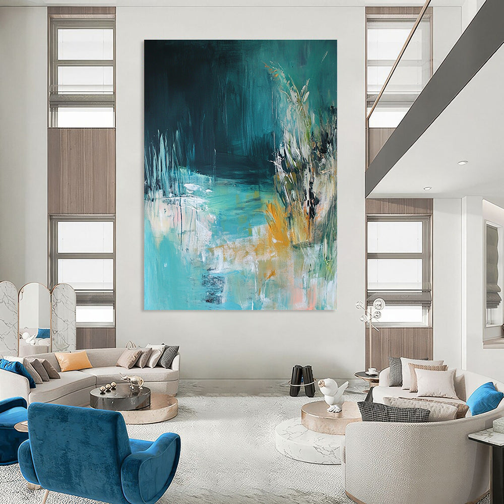 Large abstract painting of an underwater scene featuring light blue and green tones inspired by the style of Kathryn Statsny.STSC275
