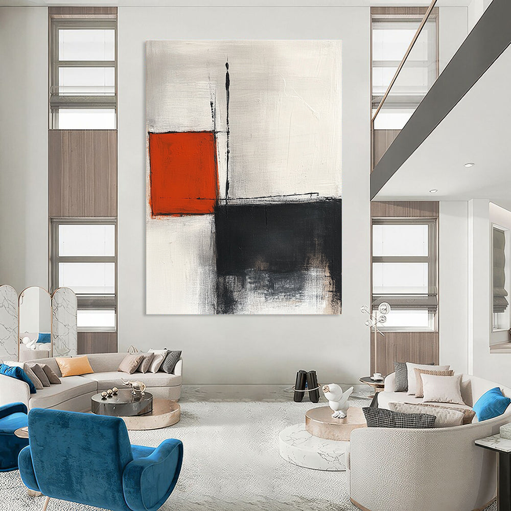 Large abstract painting featuring lines squares and soft edges in white grey black and red tones with minimalist elegance and high-resolution quality.STSC772