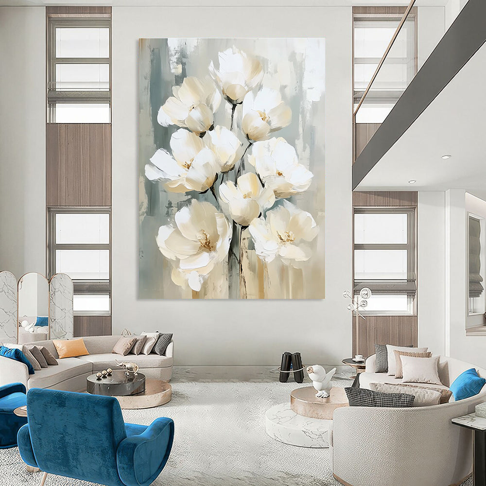 Large abstract painting with white flowers in delicate brushstrokes beige and gray palette textured surface and soft edges creating depth and elegance.STSC1475