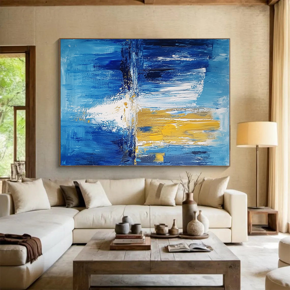 Blue and Gold Abstract Painting with Reflective Motifs GER390