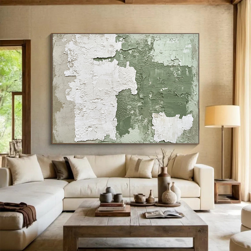 Abstract painting with a vintage feel featuring peeling green and white wall textures and distressed elements in dark brown tones.SC470