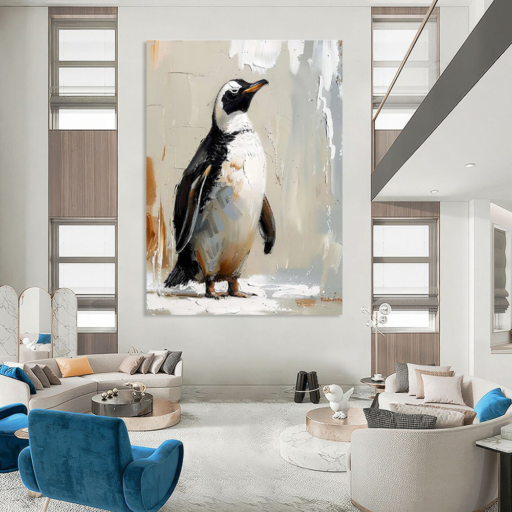 Textured Penguin Portrait Abstract Painting with Neutral Background ADGE496