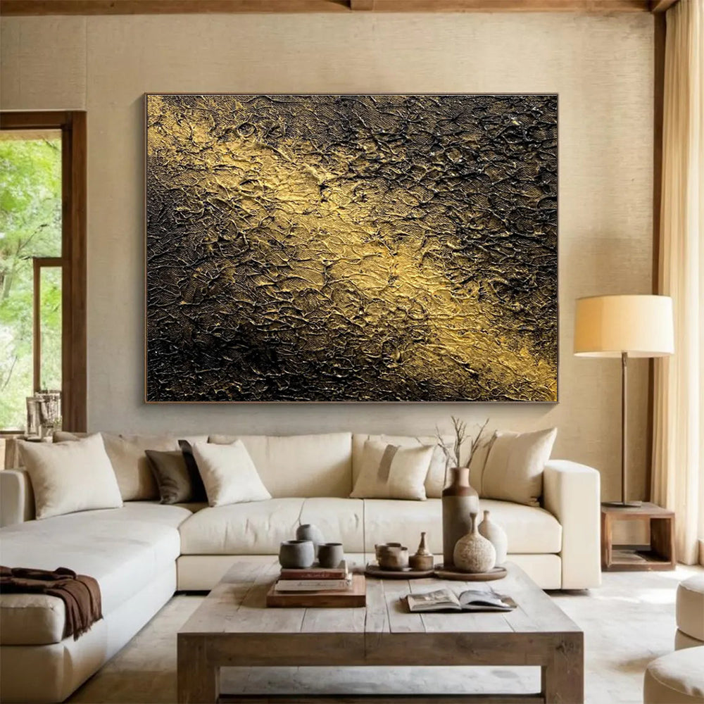 Black Gold Textured Abstract Painting with Rich, Layered Surfaces THY370