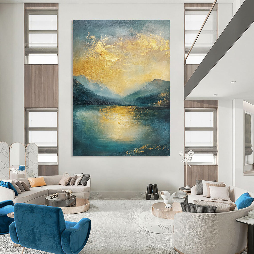 Abstract landscape oil painting featuring gold and teal hues with textured clouds sea and mountains in muted colors.STSC081