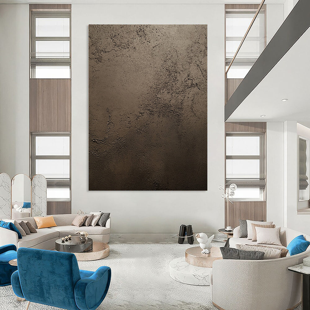 An abstract painting showcasing dark brown stucco texture with intricate details and natural features highlighted by soft lighting in a neutral palette.STSC889