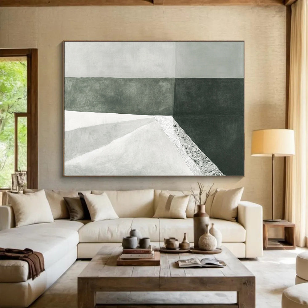 A large abstract drawing features a white fabric bag with lace on green paper against a subtle gray background, showcasing minimalist elegance and soft lighting.SC462