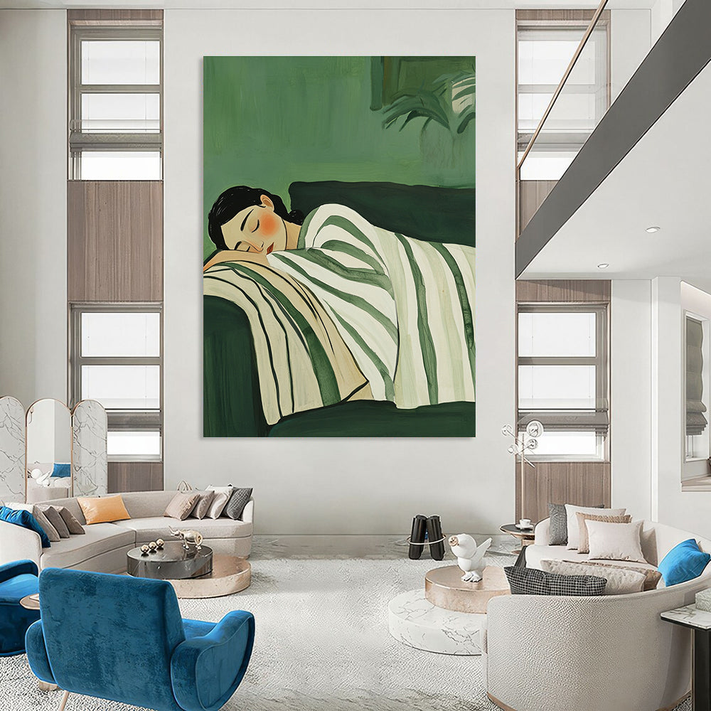 Abstract painting of a woman sleeping on a couch wrapped in a white and green striped blanket on a muted green background.STSC1264