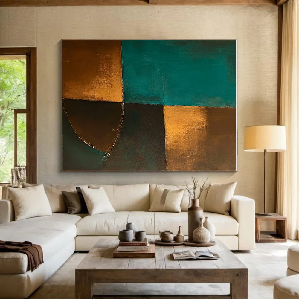 Teal Gold Abstract Painting with Geometric Forms GER707