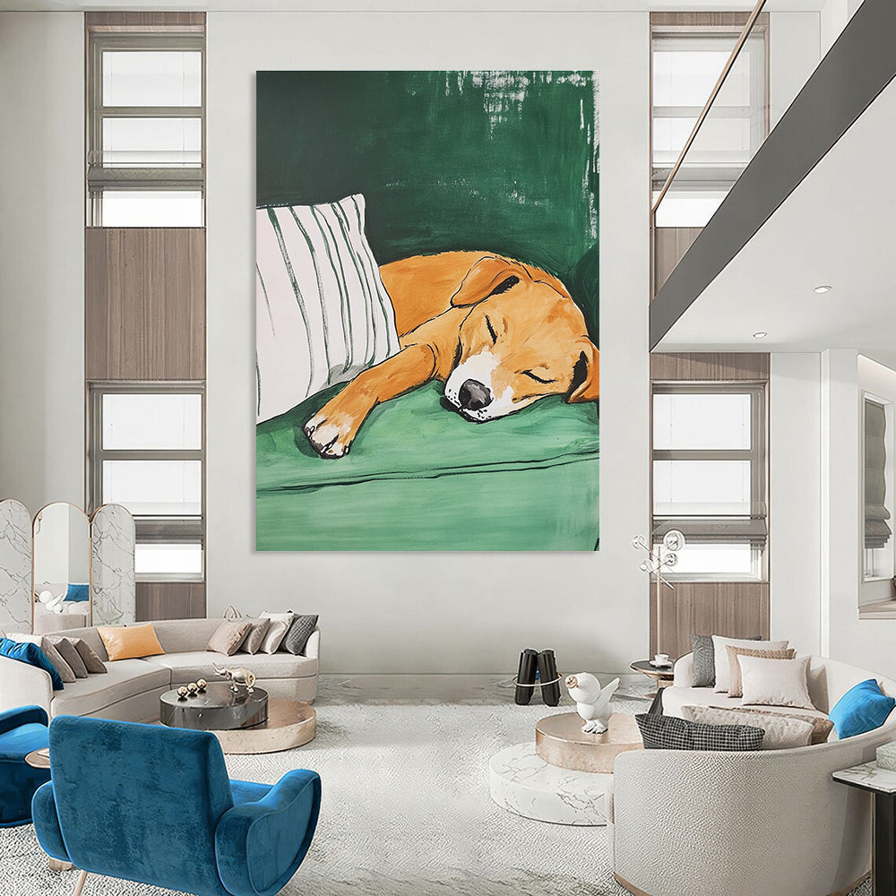 A large abstract painting featuring an amber dog sleeping on a green couch with a striped pillow showcasing visible brush strokes and textured effects.STSC1188