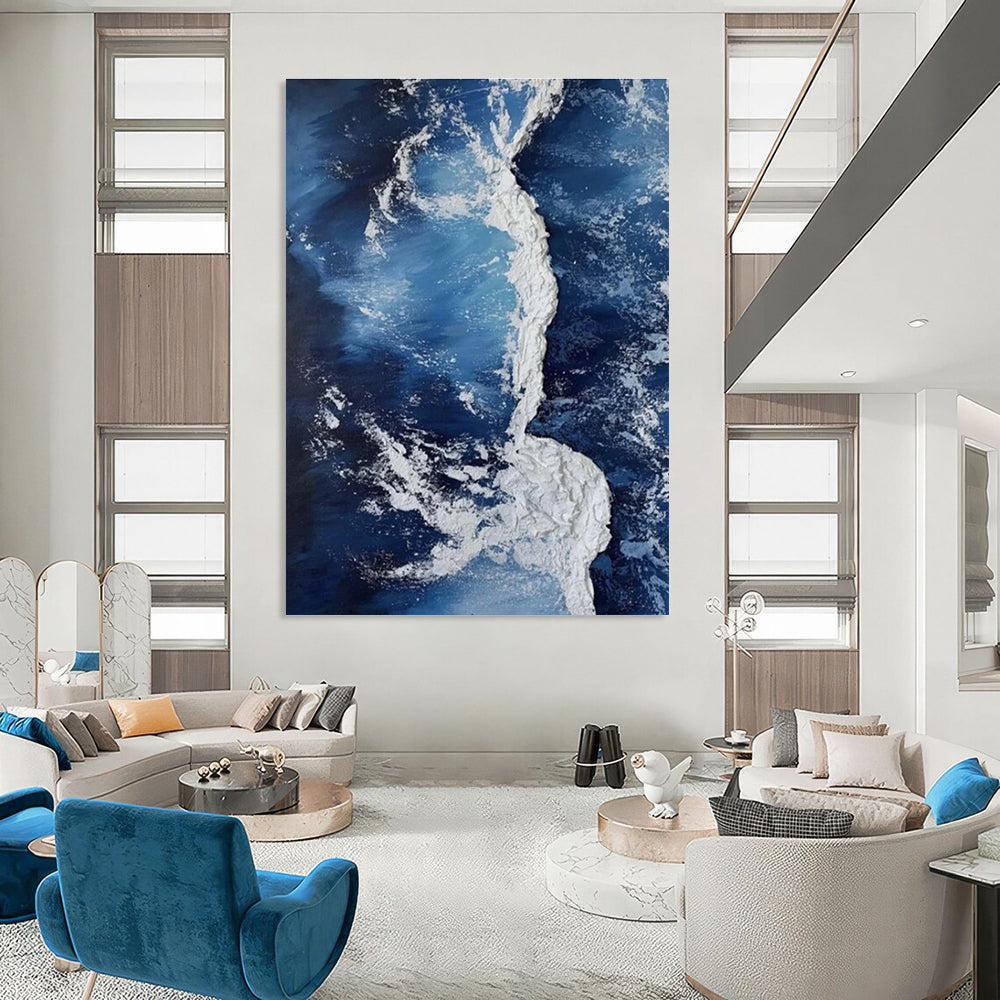 Blue and White Wave Abstract Painting with Thick Textures ADGE335