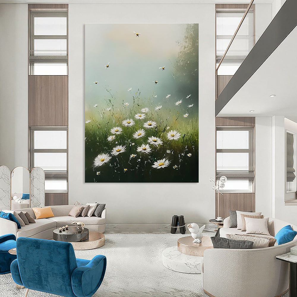 Large Abstract Painting of Wild Daisies in a Meadow Under Soft Morning Light with Bees and Fluffy Clouds Creating a Serene Atmosphere.STSC1176