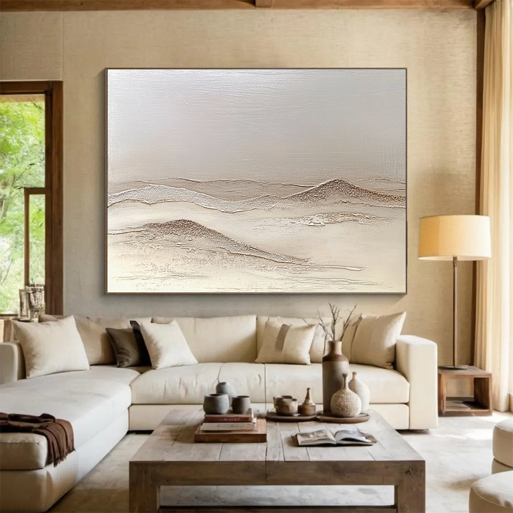 Large abstract painting depicting textured sand dunes in neutral tones with artistic desert hills creating depth and a calming atmosphere.SC622