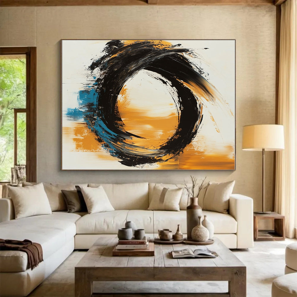Black Orange Blue Abstract Painting with Dynamic Swirls GER767