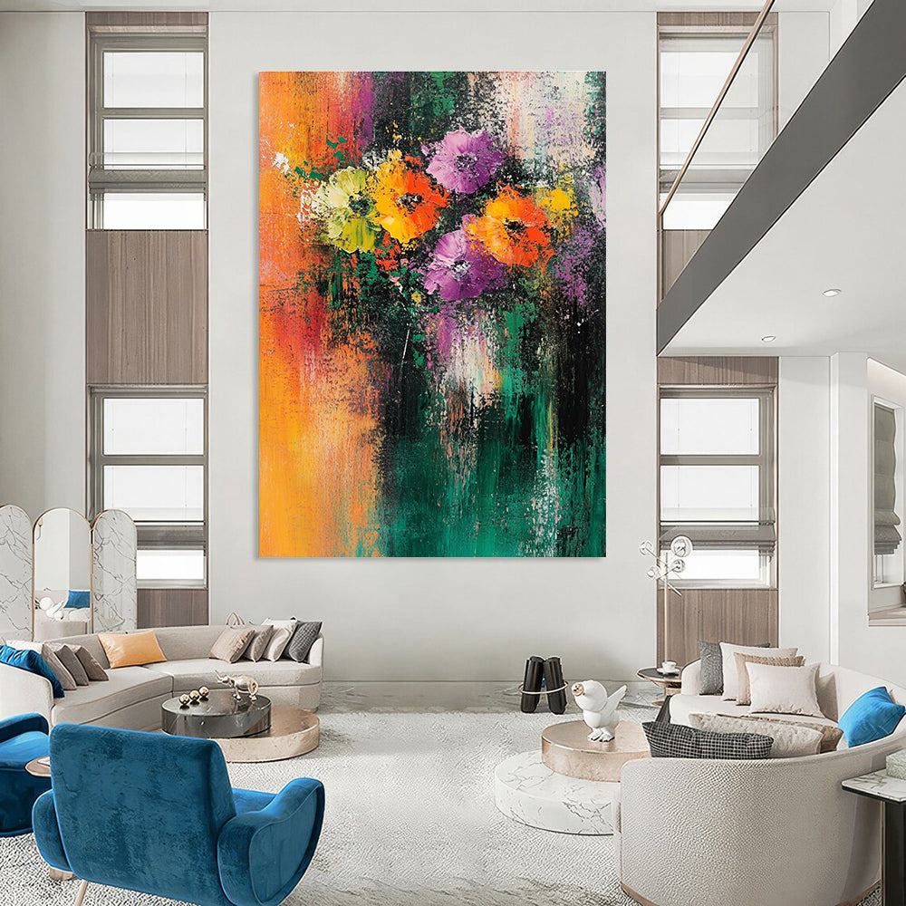 Large abstract painting featuring flowers with vibrant orange green yellow purple and teal colors textured background and emotional brush strokes.STSC307