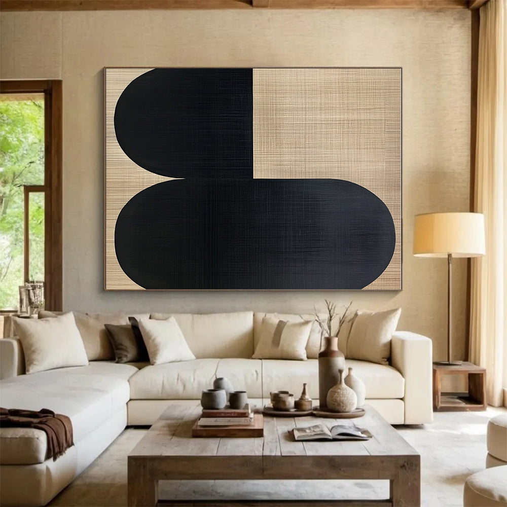 Beige Black Oval Forms Abstract Painting GER838