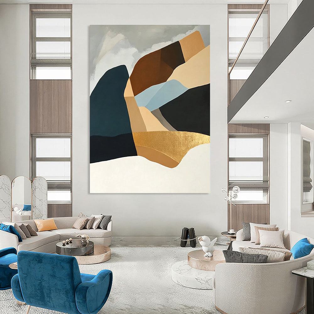 Large abstract painting showcasing Art Deco shapes in light blue and gold on a white background featuring elegant curves and balanced elegance in composition.STSC697