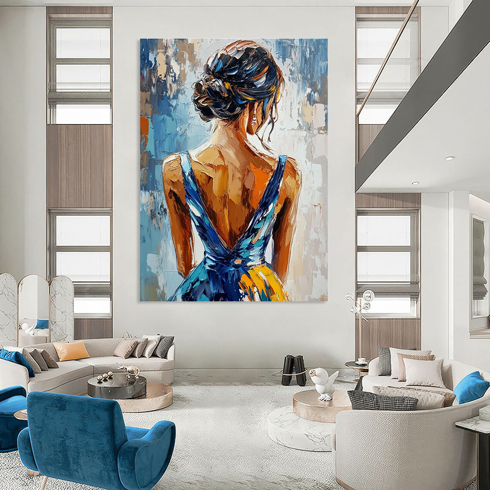 An abstract painting featuring an elegant woman in a blue and yellow dress seen from behind with vibrant impasto brushstrokes.STSC863