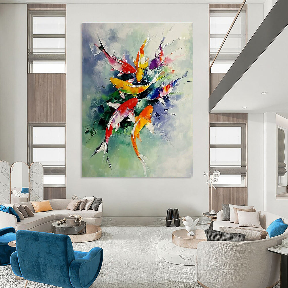 Abstract painting of colorful koi fish leaping from water surrounded by misty clouds on a white background with vibrant scales and light green tones.STSC1012