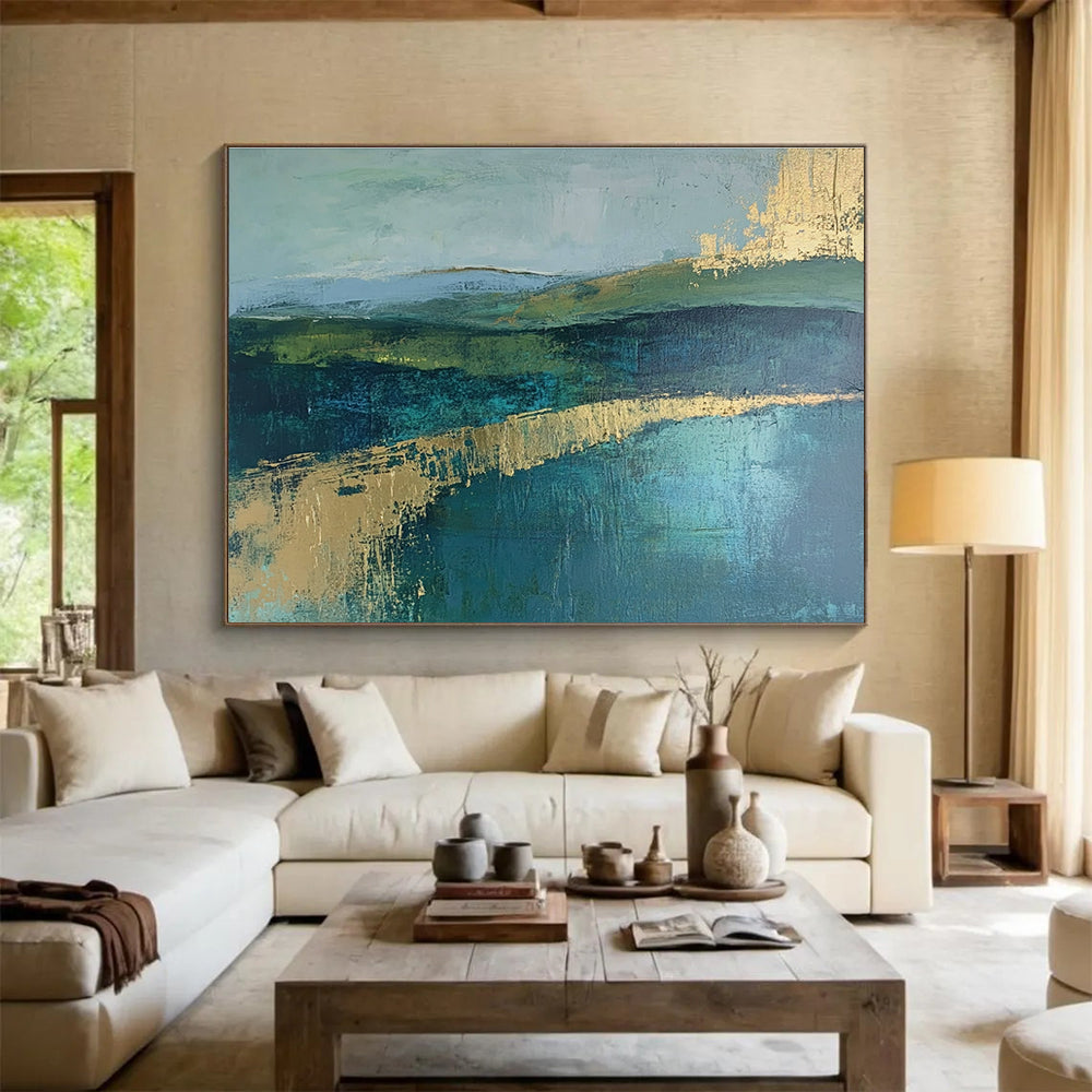 Green and Blue Abstract Landscape Painting with Gold Strokes DYP473