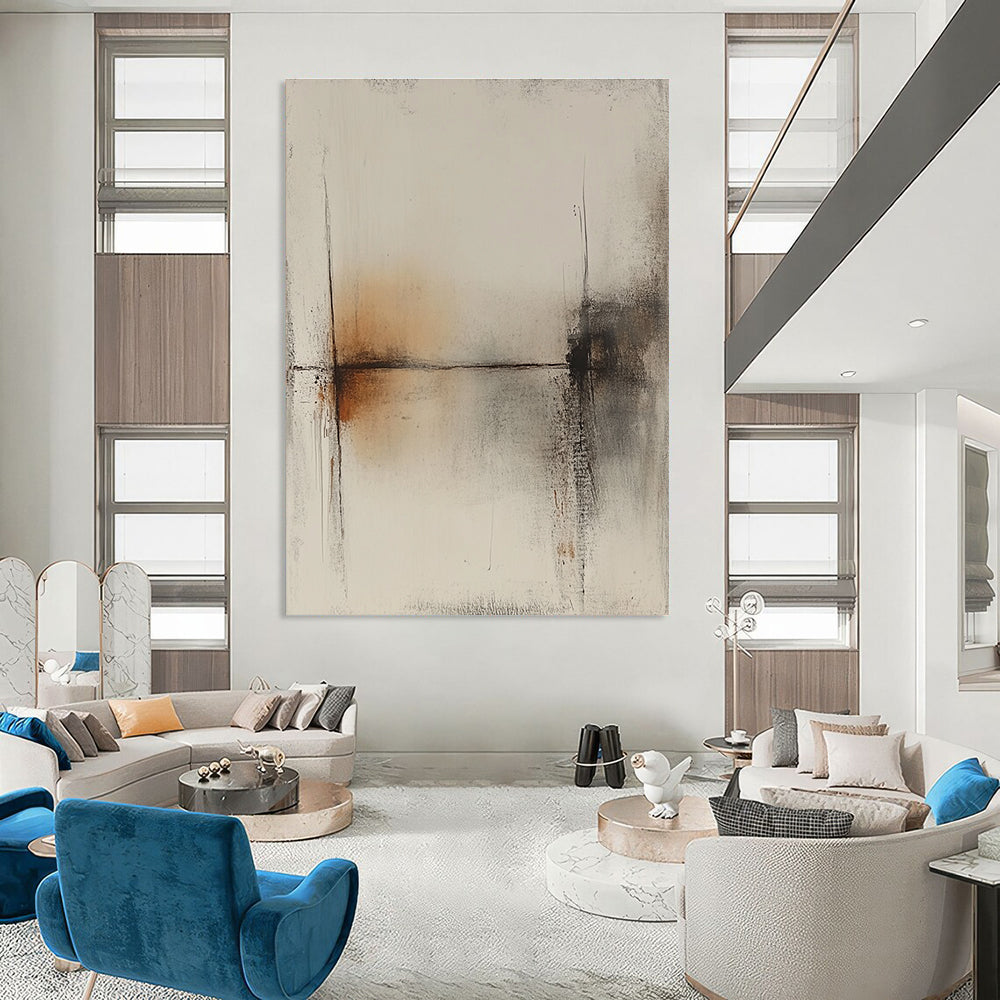 Large abstract painting featuring a white background with brown lines and a subtle tonal range in gray and amber hues.STSC736