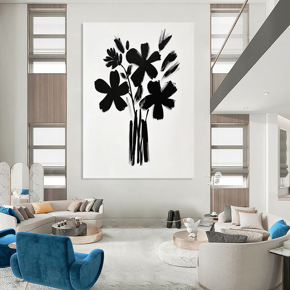 A large abstract painting featuring a bouquet of flowers in black brush strokes on white paper inspired by Matisse and Hockney's minimalistic styles.STSC925