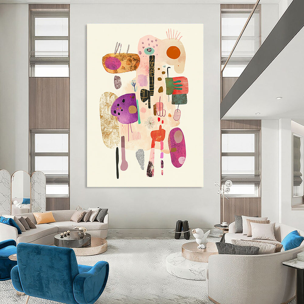 Large abstract illustration featuring soft pastel colors and simple line drawings with whimsical hand-drawn elements on a textured white background.STSC1322
