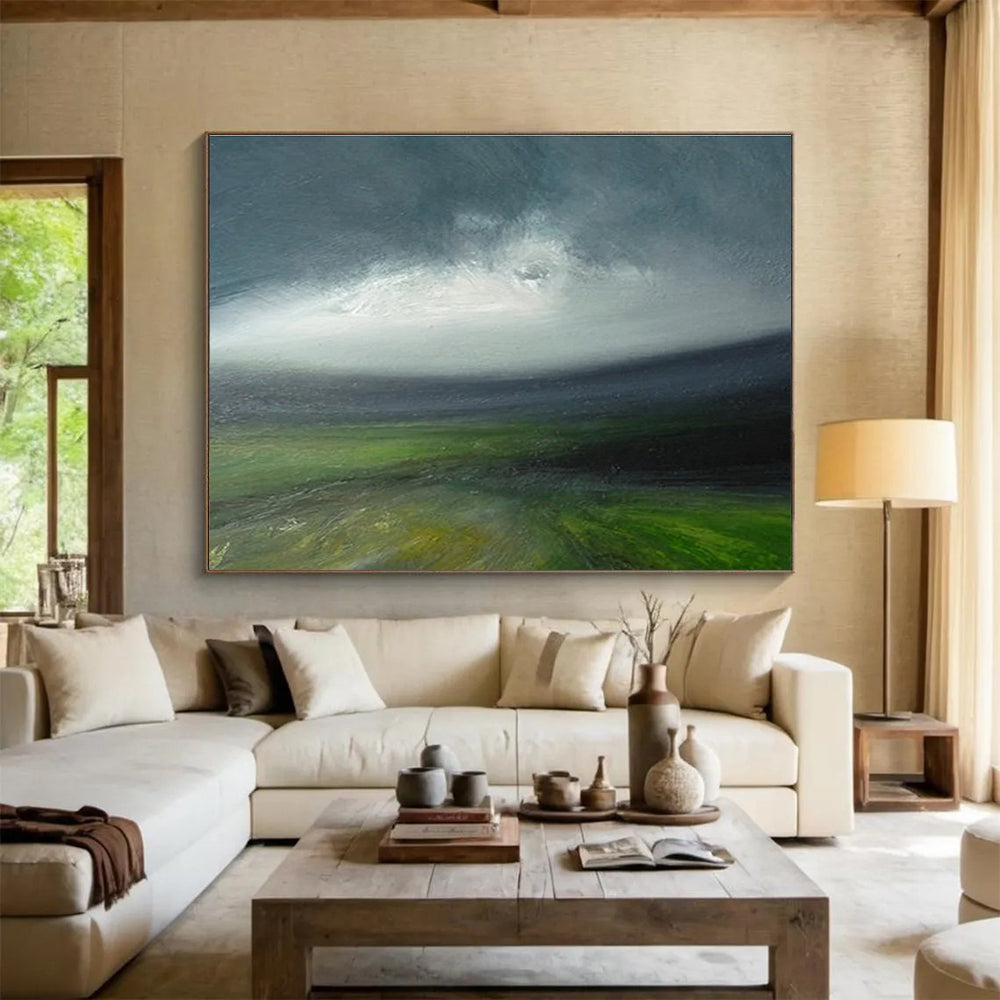 Green Grey Sky Landscape Abstract Painting THY028