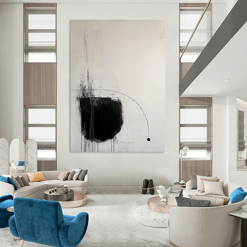 Large abstract painting with black lines and geometric figures creating calmness and simplicity in minimalist style featuring balanced composition and open space.STSC520