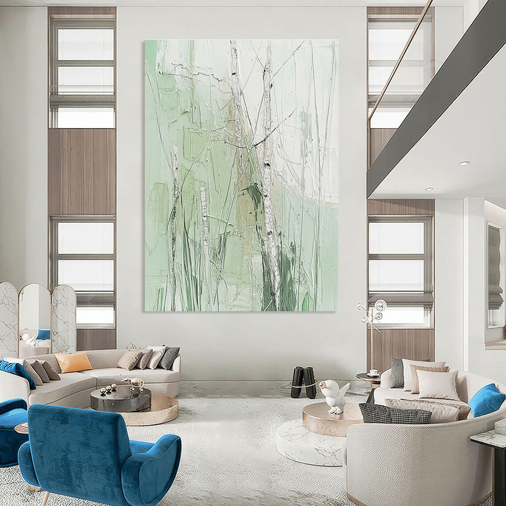 Large abstract painting featuring birch trees and grass in soft greens on a white background with fine details and impasto texture in neutral colors.STSC300