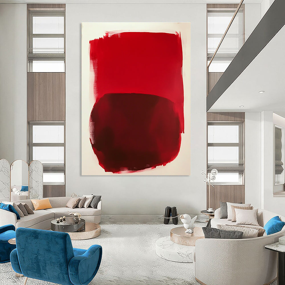 Large abstract painting featuring vibrant red shapes on a white background inspired by Mark Rothko's style.STSC1414