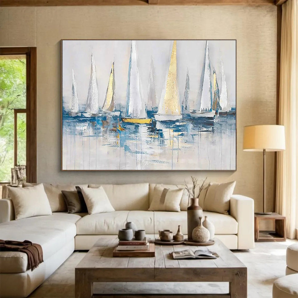 Sailboats on Water Abstract Painting with White, Gold, and Blue THY259