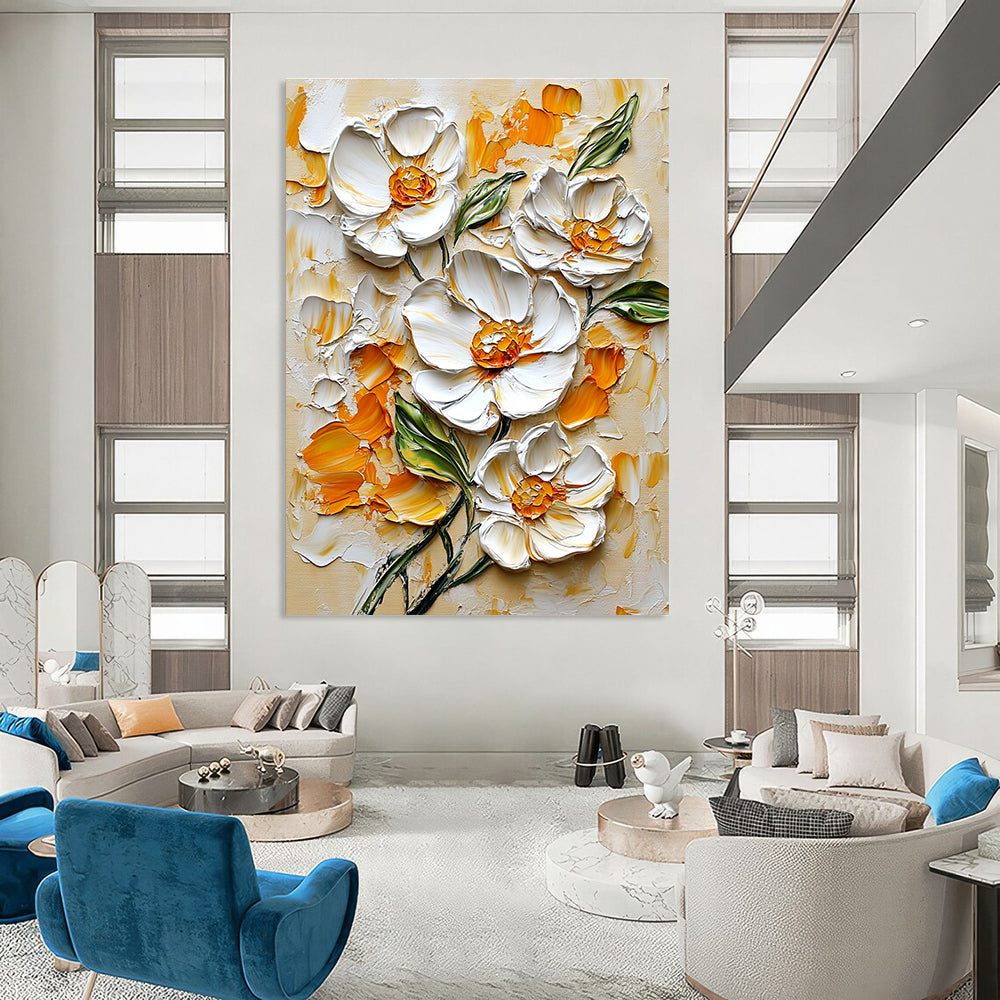 Large abstract painting of white flowers with orange and yellow accents on a beige background in impasto style with intricate details.STSC1397