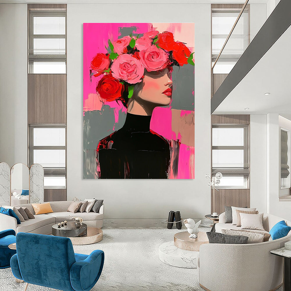 Abstract painting of a woman in a black dress adorned with pink and red roses, set against a pink and grey background.STSC1392