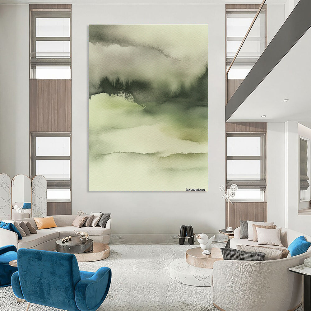 Large abstract painting in muted tones featuring soft dreamy colors and blurred edges with intricate details in ink wash style on a beige background.STSC068
