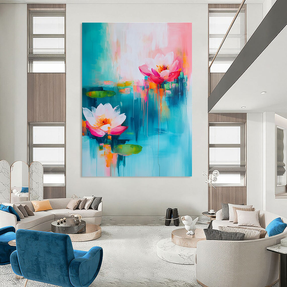 Large abstract painting with turquoise and pink hues featuring soft brush strokes of flowers and water lilies in a dreamy atmosphere.STSC052