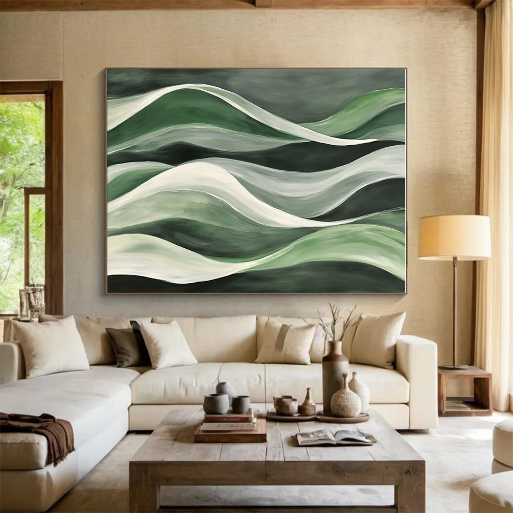 Green and White Wavy Abstract Painting on Dark Green GER241