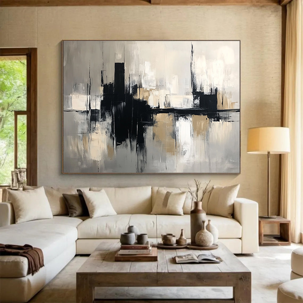 Large abstract painting in black and beige tones featuring bold brush strokes, set against a grey cityscape background, crafted in oil on canvas.SC017